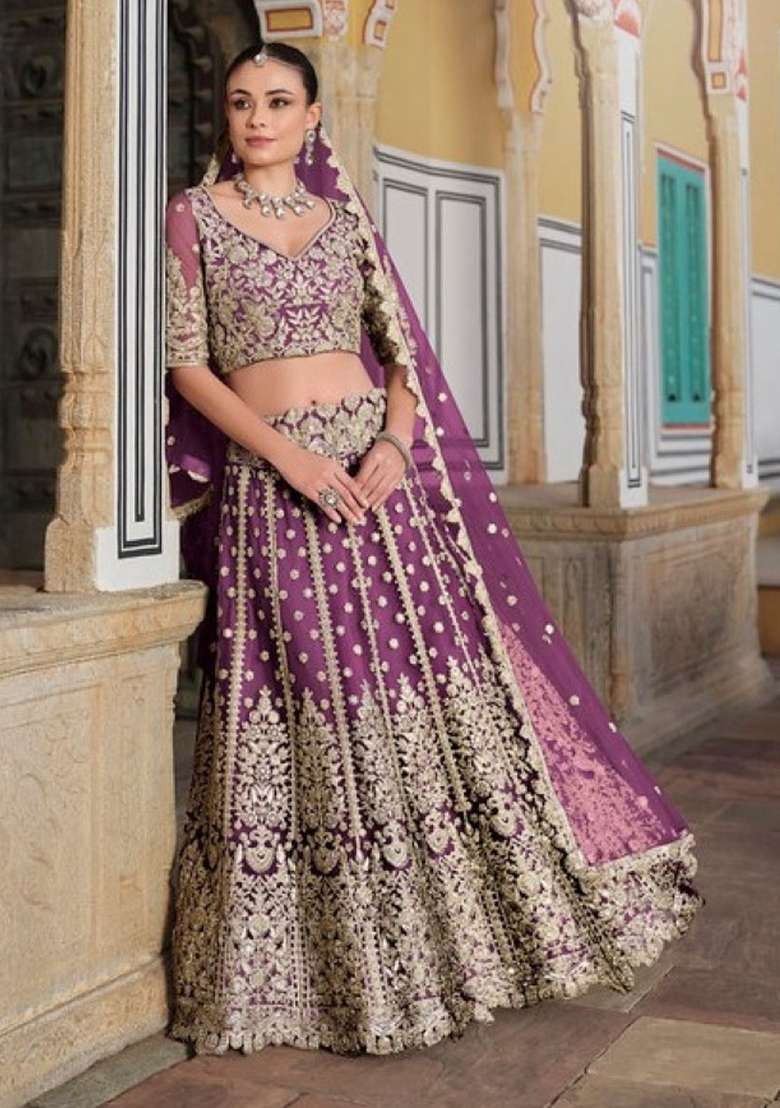 Purple Sequence And Net Lehenga Set with Thread Work for Diwali | Wedding & Festive Wear - Indya