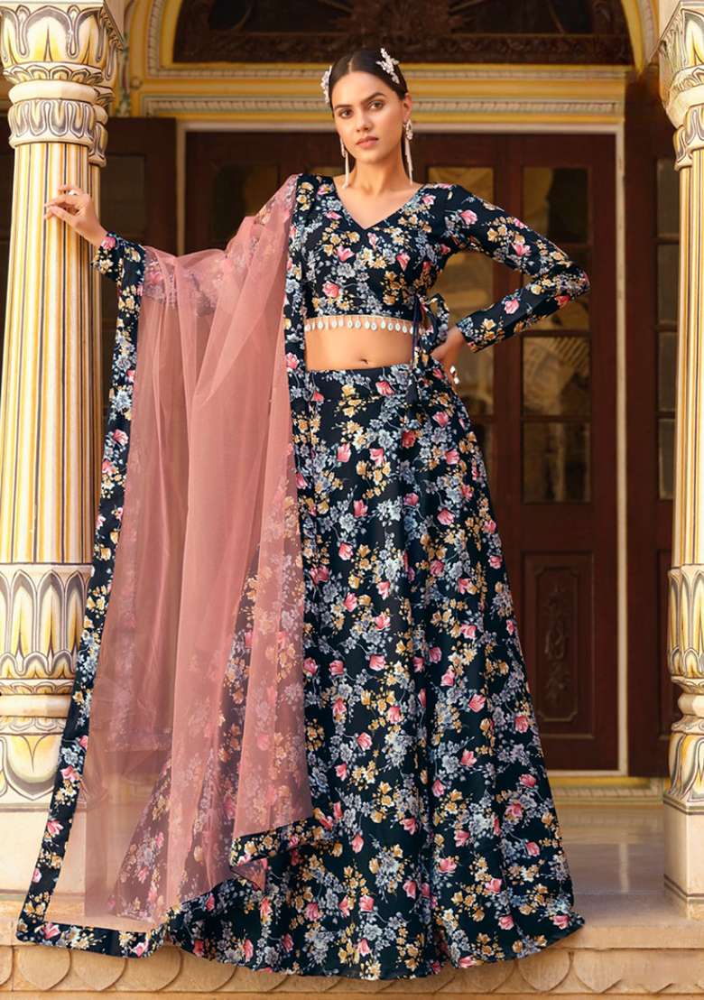 Black Sequence And Thread Work Silk Blend Lehenga Set for Diwali and Festive Wear - Indya