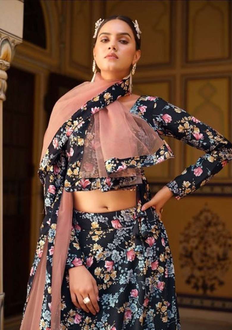 Black Sequence And Thread Work Silk Blend Lehenga Set for Diwali and Festive Wear - Indya