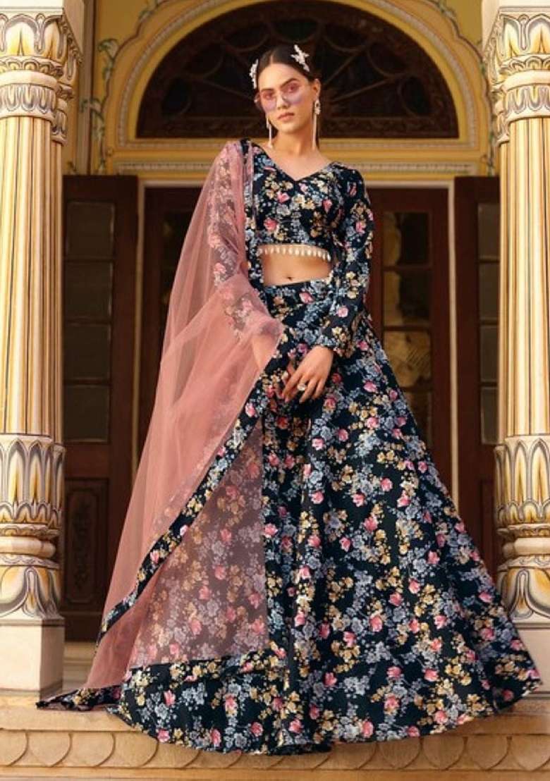 Black Sequence And Thread Work Silk Blend Lehenga Set for Diwali and Festive Wear - Indya