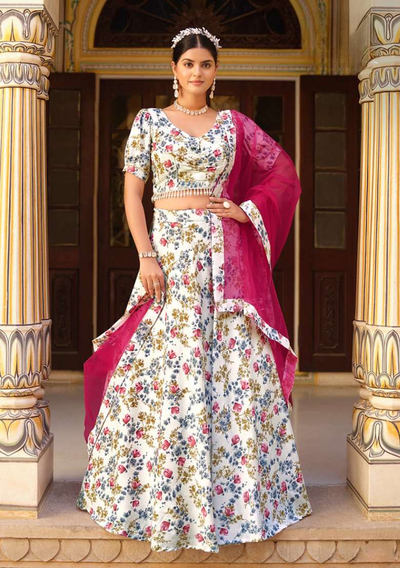 White Sequence And Silk Blend Lehenga Set with Thread Work for Diwali | Wedding & Festive Wear - Indya