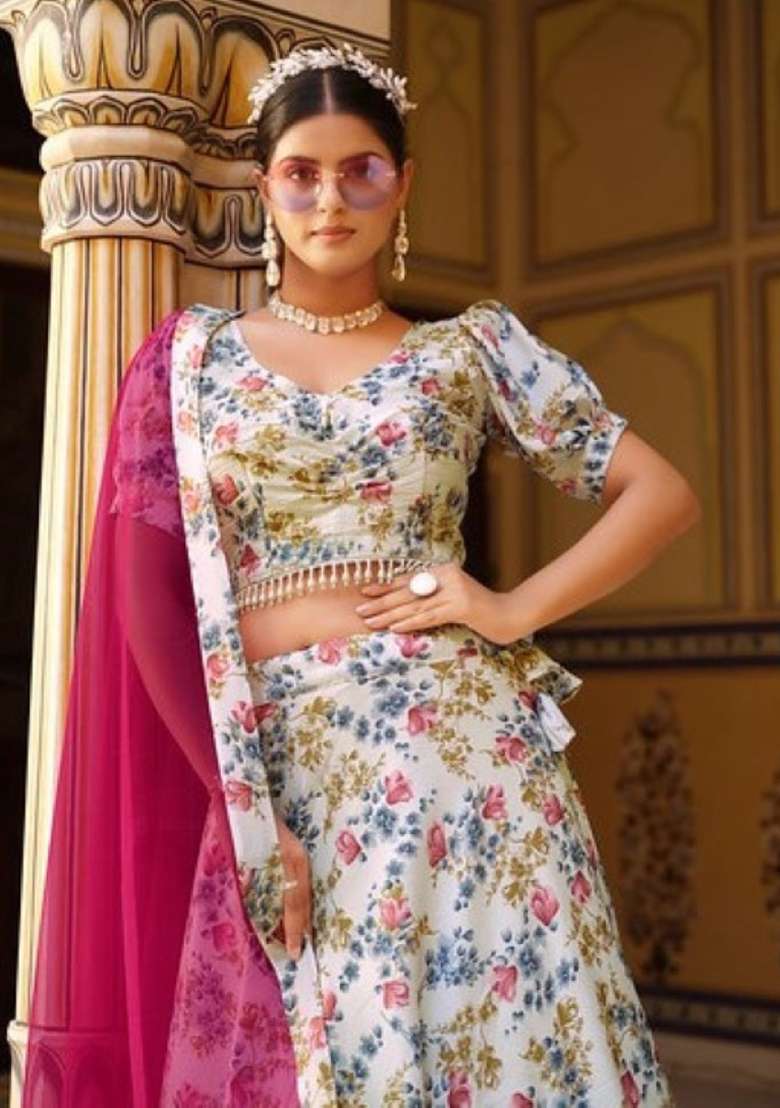 White Sequence And Silk Blend Lehenga Set with Thread Work for Diwali | Wedding & Festive Wear - Indya