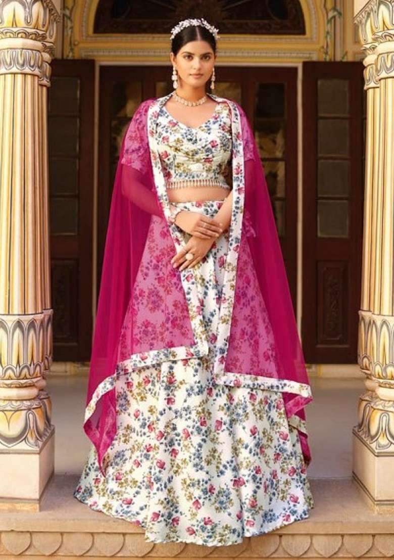 White Sequence And Silk Blend Lehenga Set with Thread Work for Diwali | Wedding & Festive Wear - Indya