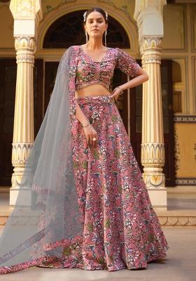 Peach Sequence And Thread Work Silk Lehenga Set