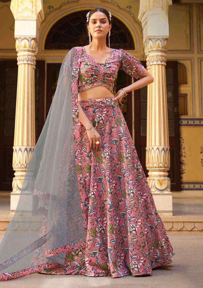 Peach Sequence And Thread Work Silk Blend Lehenga Set for Diwali and Festive Wear - Indya