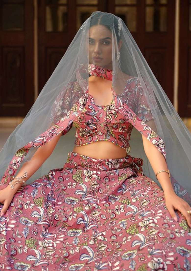 Peach Sequence And Thread Work Silk Blend Lehenga Set for Diwali and Festive Wear - Indya