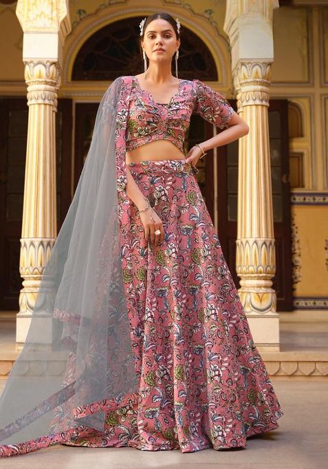 Peach Sequence And Thread Work Silk Lehenga Set