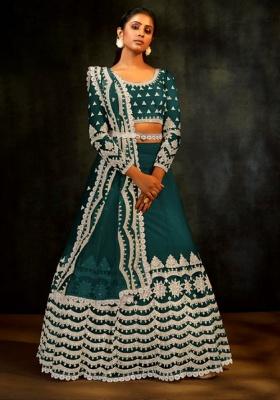 Teal Blue Sequence And Thread Work Net Lehenga Set