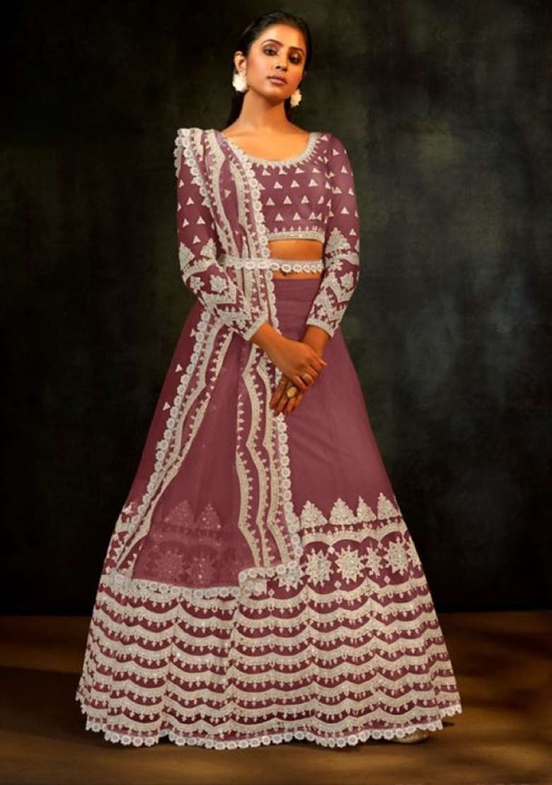 Purple Sequence And Thread Work Net Lehenga Set for Diwali and Festive Wear - Indya