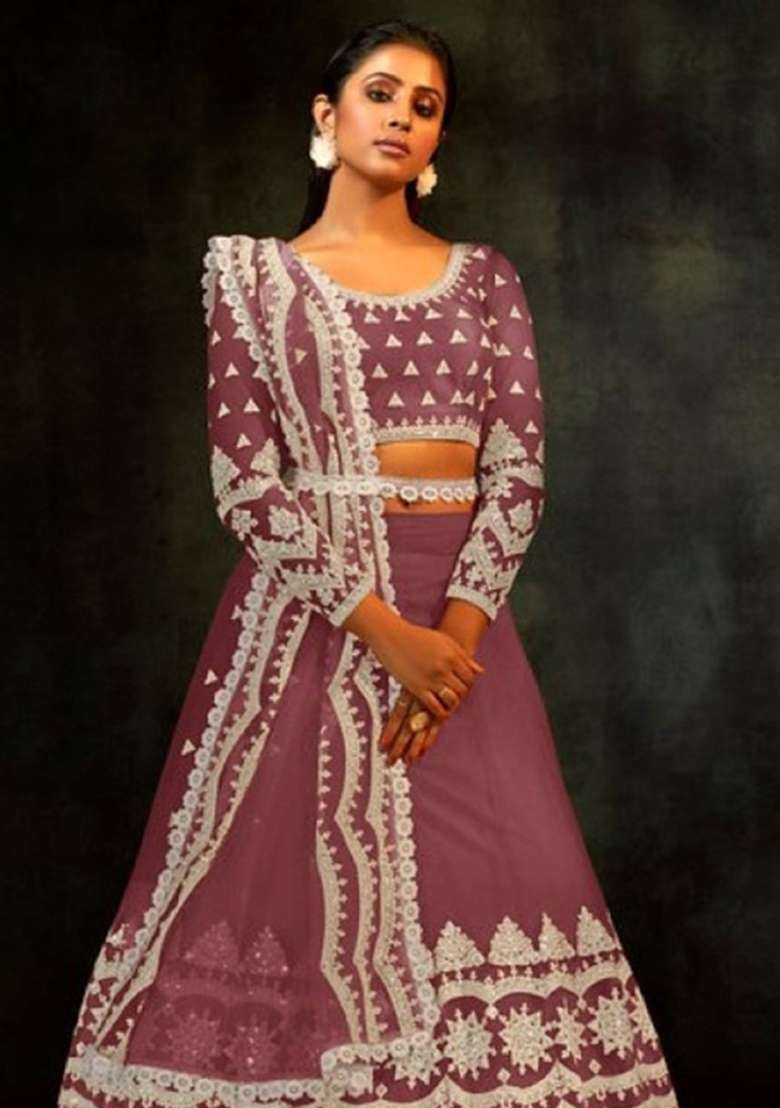 Purple Sequence And Thread Work Net Lehenga Set for Diwali and Festive Wear - Indya