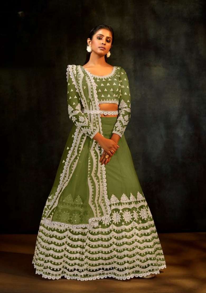 Green Sequence And Thread Work Net Lehenga Set for Diwali and Festive Wear - Indya