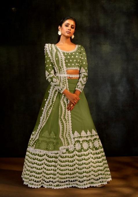 Green Sequence And Thread Work Net Lehenga Set