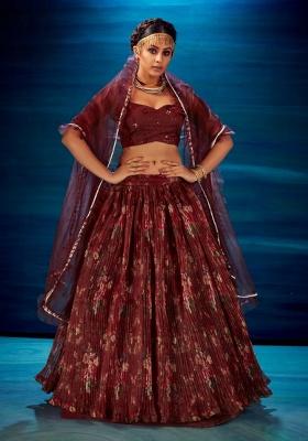 Maroon Sequence And Thread Work Organza Lehenga Set