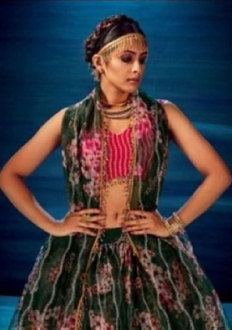 Dark Green Sequence And Organza Lehenga Set with Thread Work for Diwali | Wedding & Festive Wear - Indya