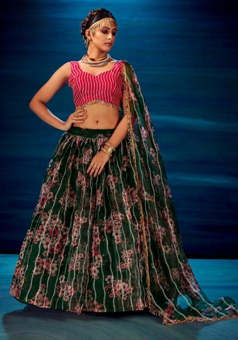 Dark Green Sequence And Thread Work Organza Lehenga Set