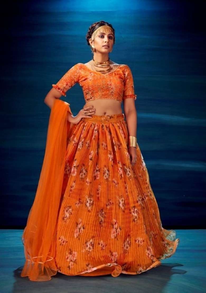 Orange Sequence And Thread Work Organza Lehenga Set - Indya