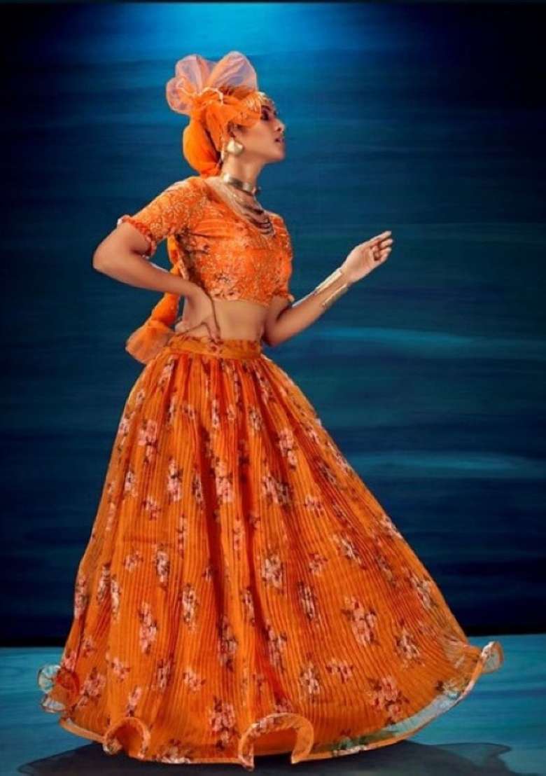 Orange Sequence And Thread Work Organza Lehenga Set - Indya