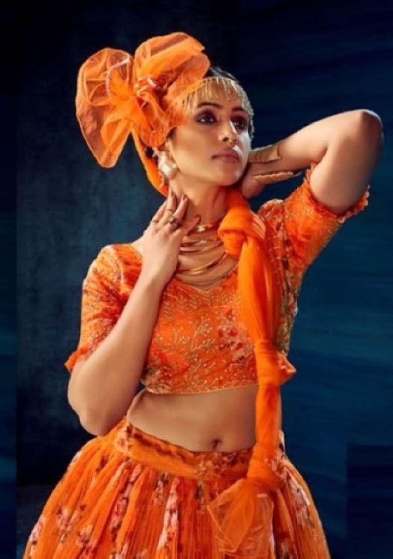 Orange Sequence And Thread Work Organza Lehenga Set - Indya