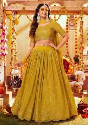 Yellow Sequence And Thread Work Georgette Lehenga Set