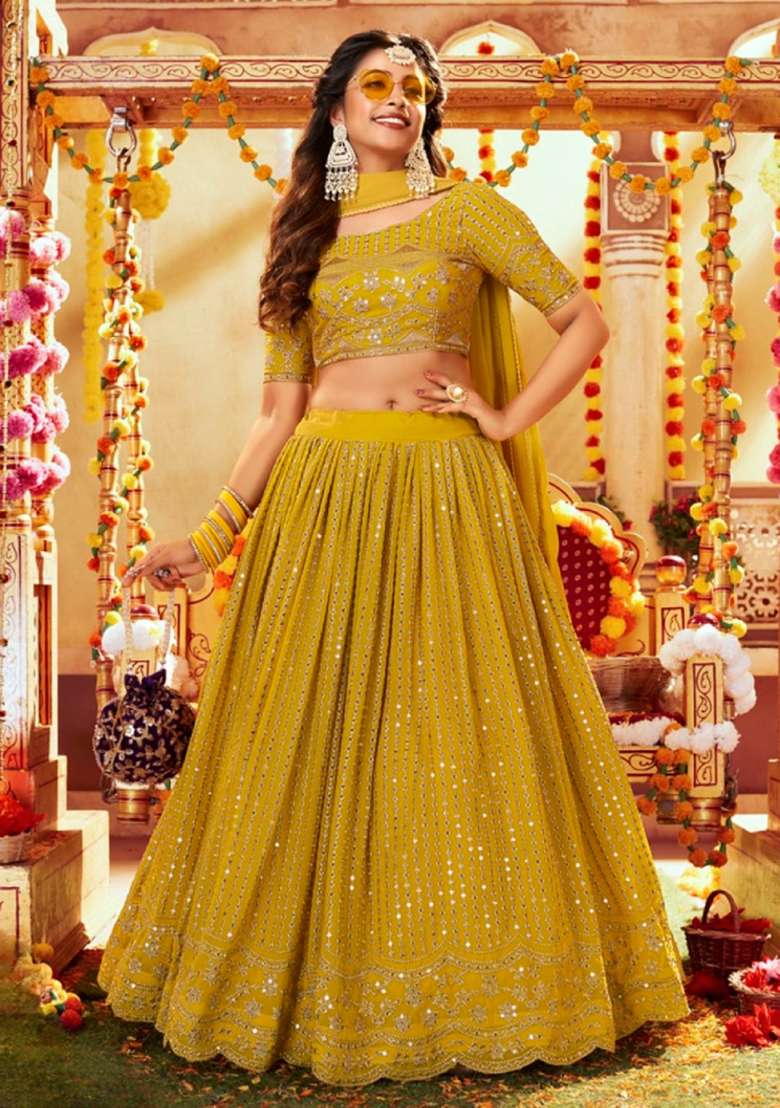 Yellow Sequence And Thread Work Georgette Lehenga Set - Indya