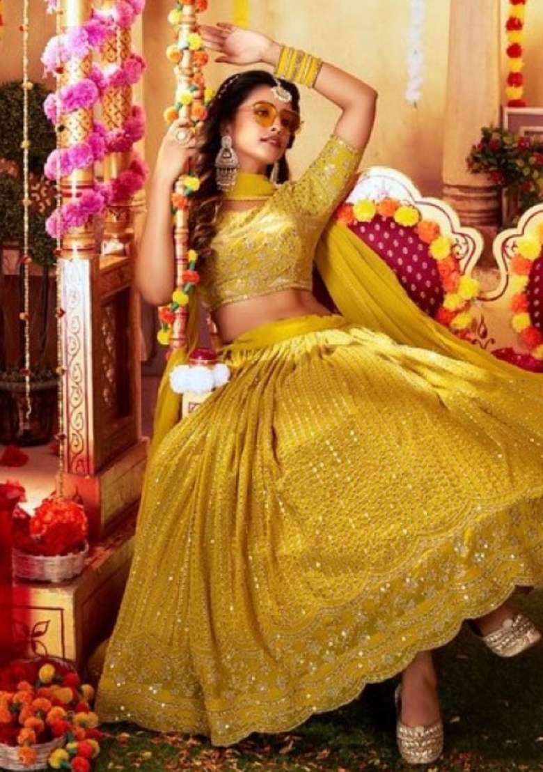 Yellow Sequence And Thread Work Georgette Lehenga Set - Indya
