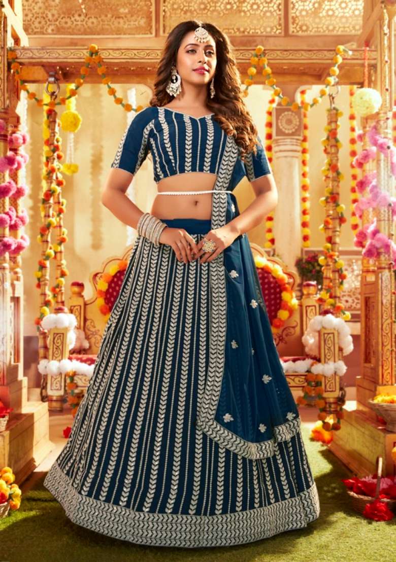Teal Blue Sequence And Thread Work Georgette Lehenga Set - Indya