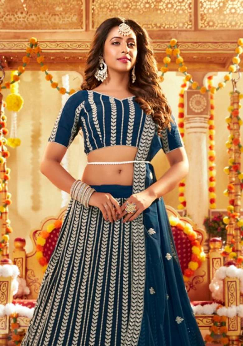 Teal Blue Sequence And Thread Work Georgette Lehenga Set - Indya