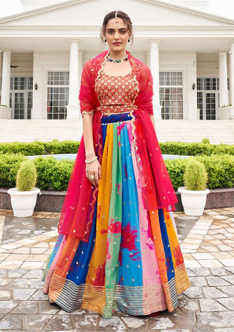Multicolor Sequence And Thread Work Georgette Lehenga Set - Indya