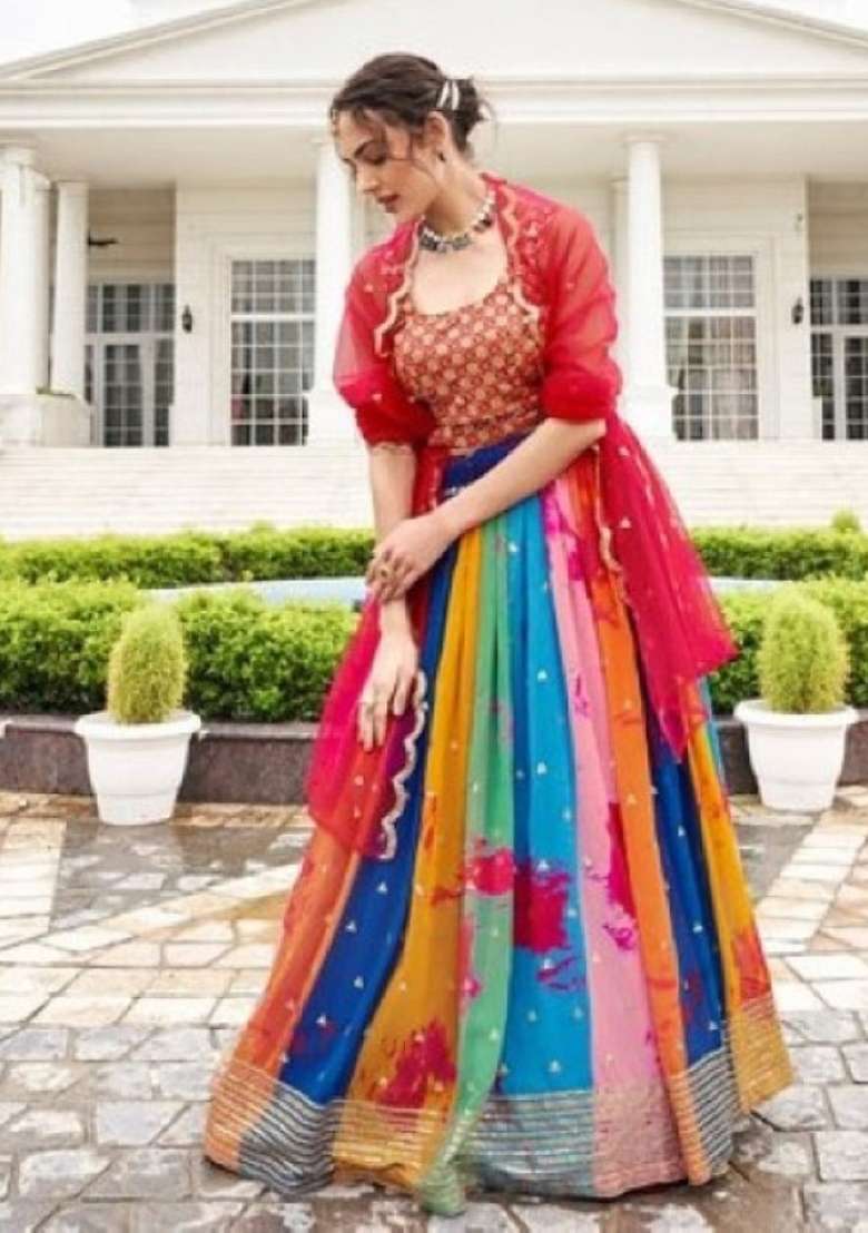 Multicolor Sequence And Thread Work Georgette Lehenga Set - Indya