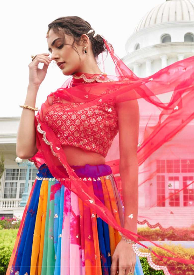Multicolor Sequence And Thread Work Georgette Lehenga Set - Indya