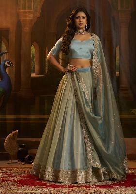Turquoise Embroidery Organza Lehenga Set
