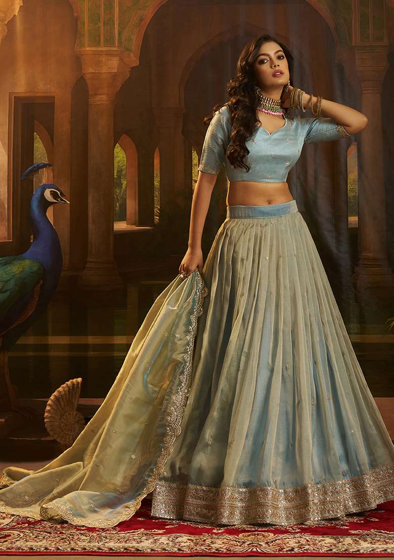 Turquoise Embroidery Organza Lehenga Set - Indya