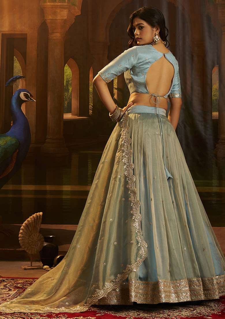Turquoise Embroidery Organza Lehenga Set - Indya