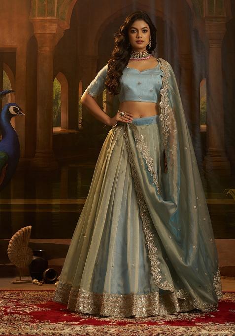 Turquoise Embroidery Organza Lehenga Set