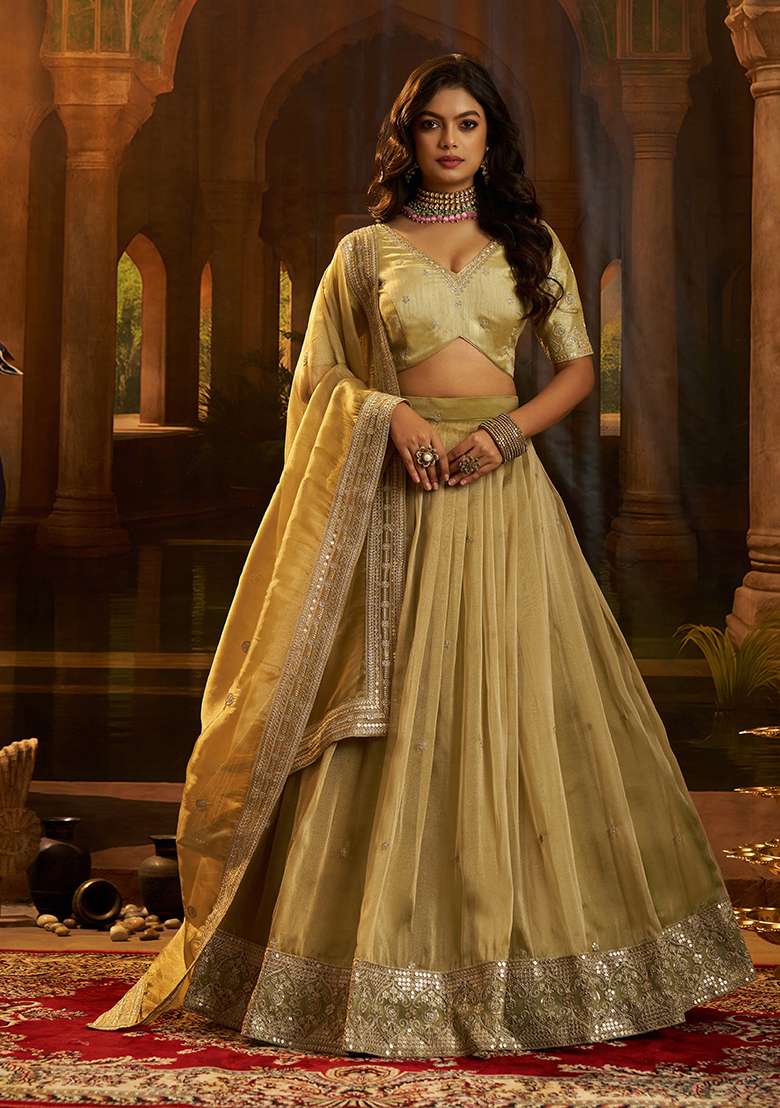 Olive Embroidery Organza Lehenga Set - Indya