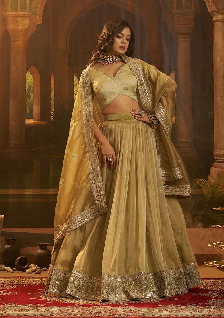 Olive Embroidery Organza Lehenga Set - Indya