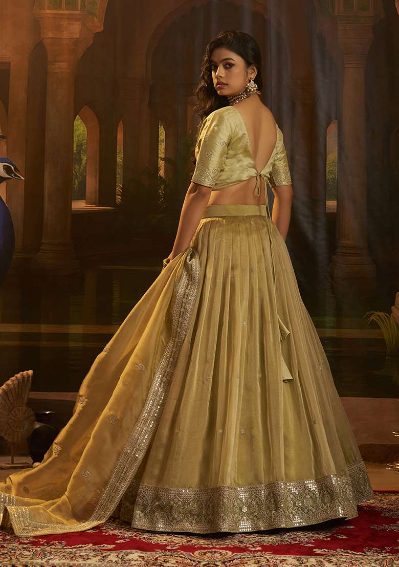 Olive Embroidery Organza Lehenga Set - Indya