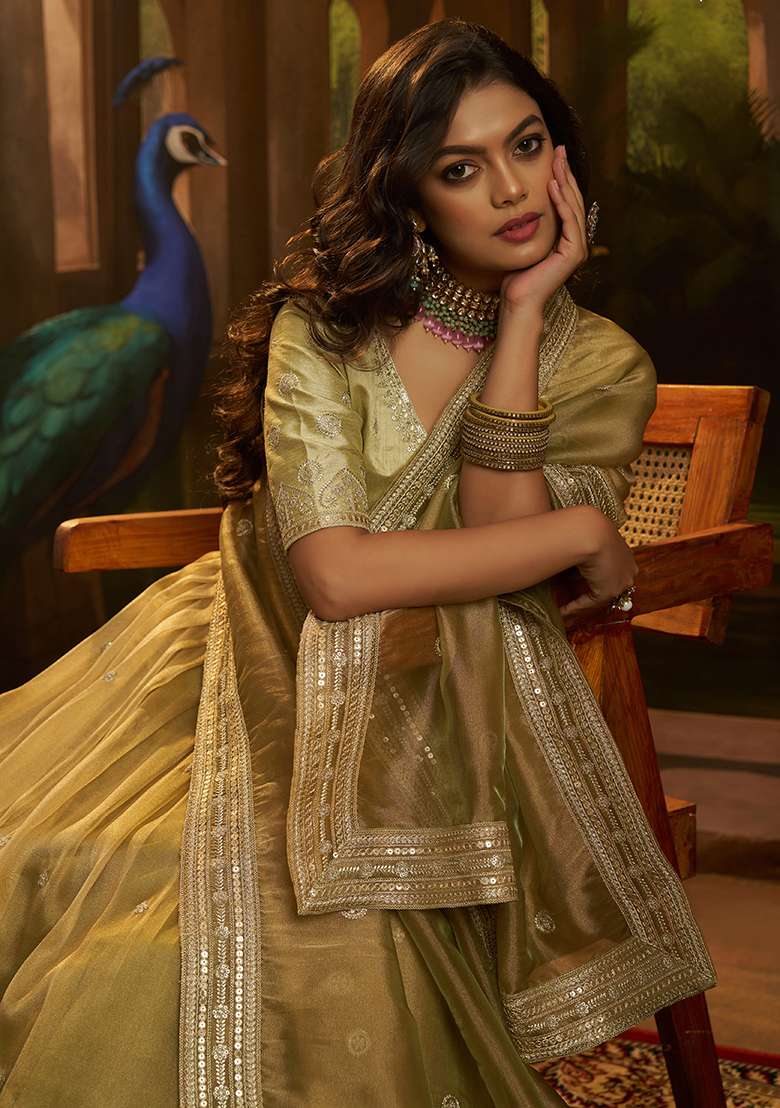 Olive Embroidery Organza Lehenga Set - Indya