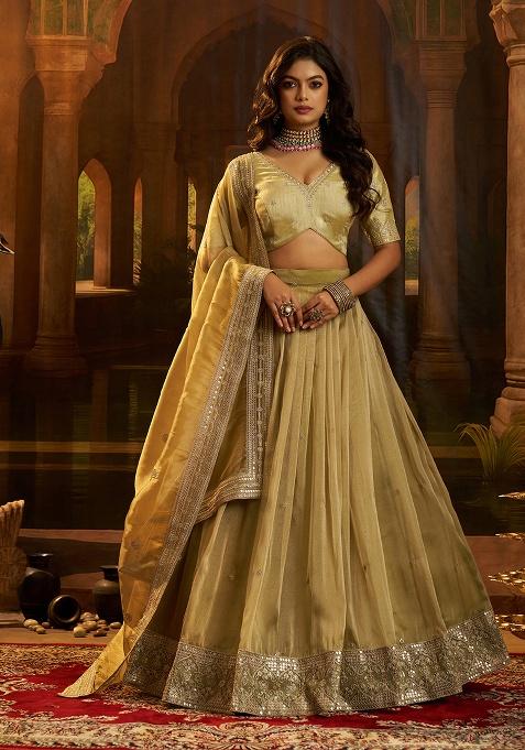 Olive Embroidery Organza Lehenga Set