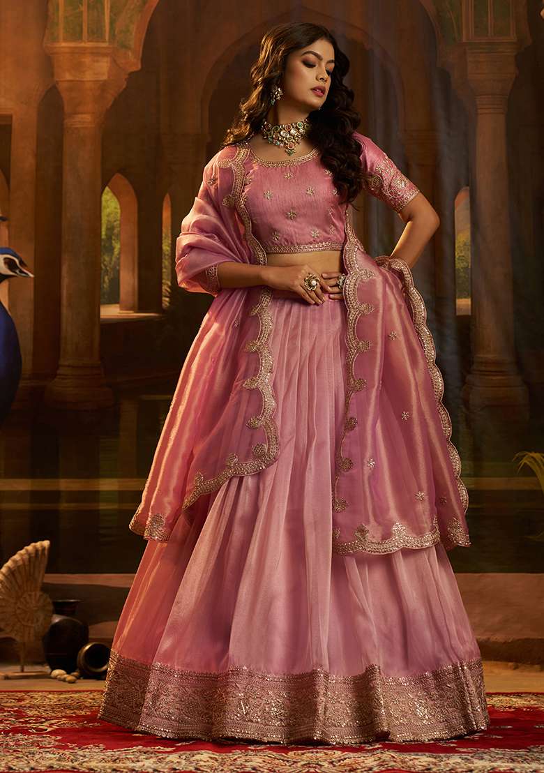 Pink Embroidery Organza Lehenga Set - Indya