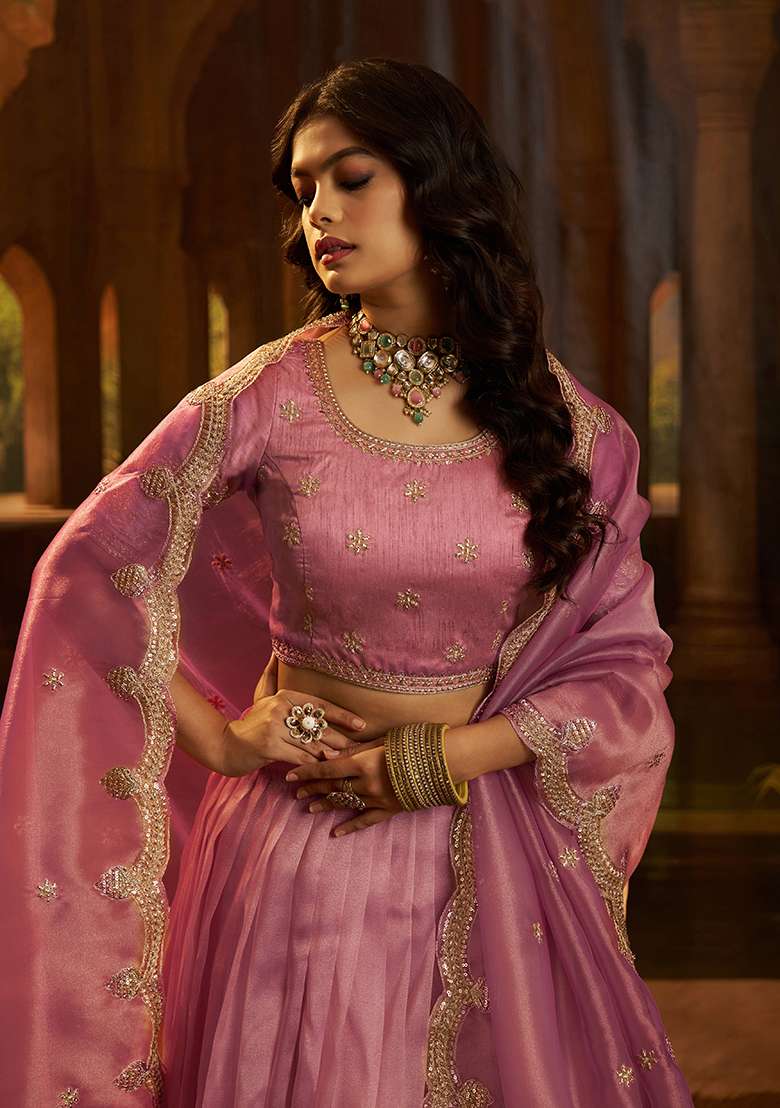 Pink Embroidery Organza Lehenga Set - Indya