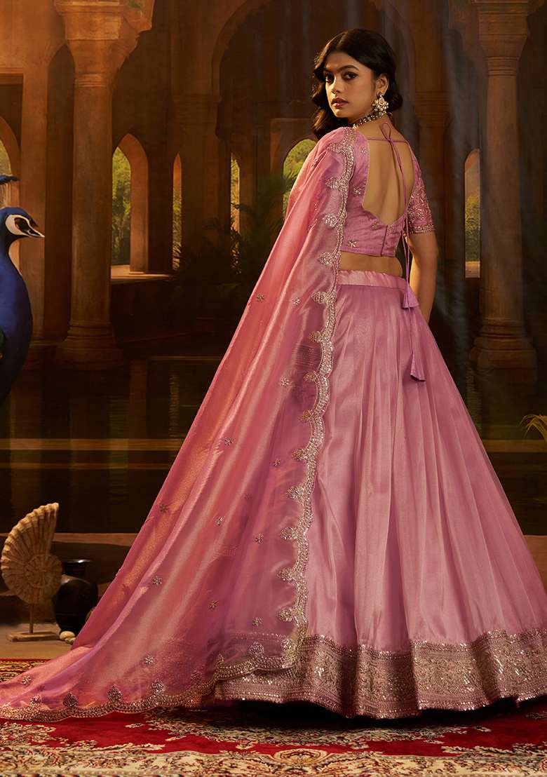 Pink Embroidery Organza Lehenga Set - Indya