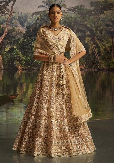 Cream Embroidery Net Lehenga Set
