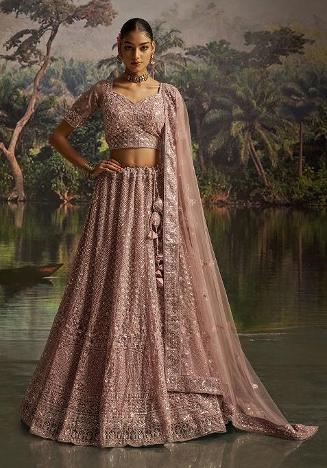 Mauve Embroidery Net Lehenga Set