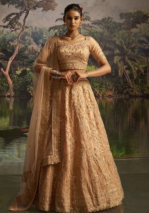 Peach Embroidery Net Lehenga Set