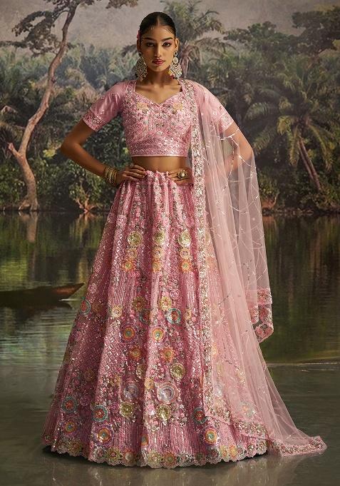 Pink Embroidery Net Lehenga Set