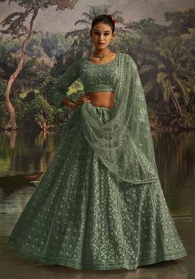 Green Embroidery Net Lehenga Set