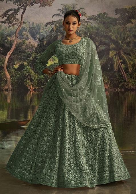 Green Embroidery Net Lehenga Set