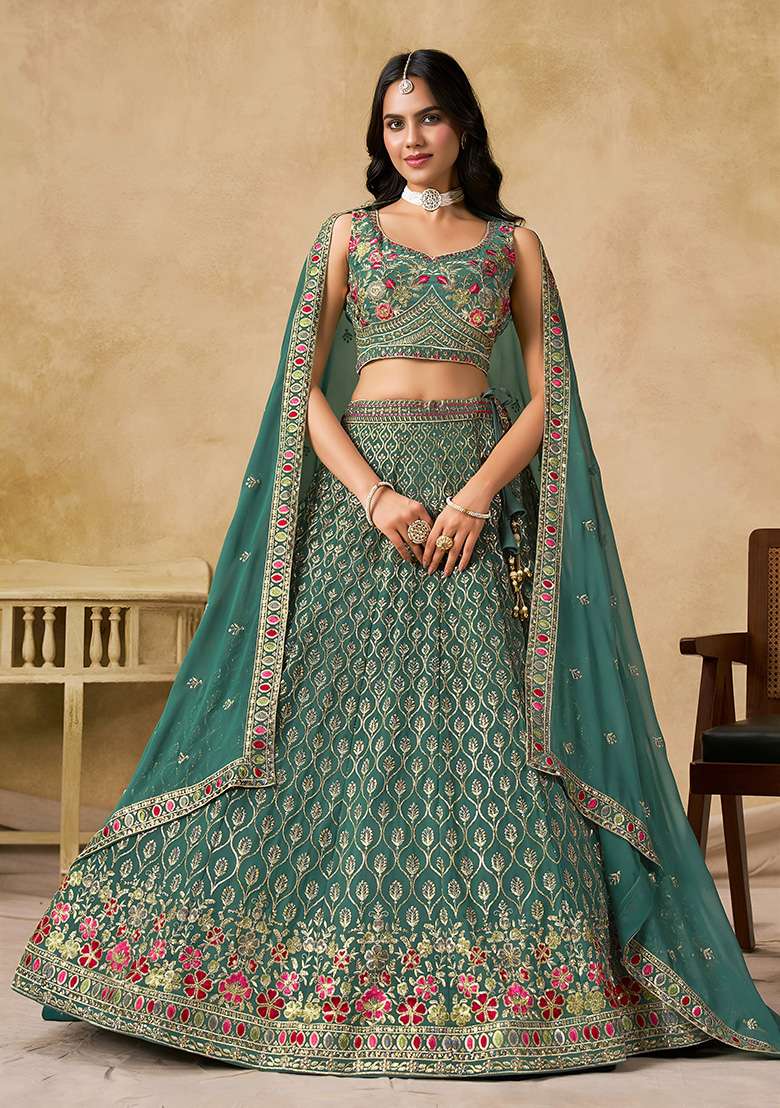 Turquoise Georgette Lehenga Set with Embroidery for Diwali | Wedding & Festive Wear - Indya