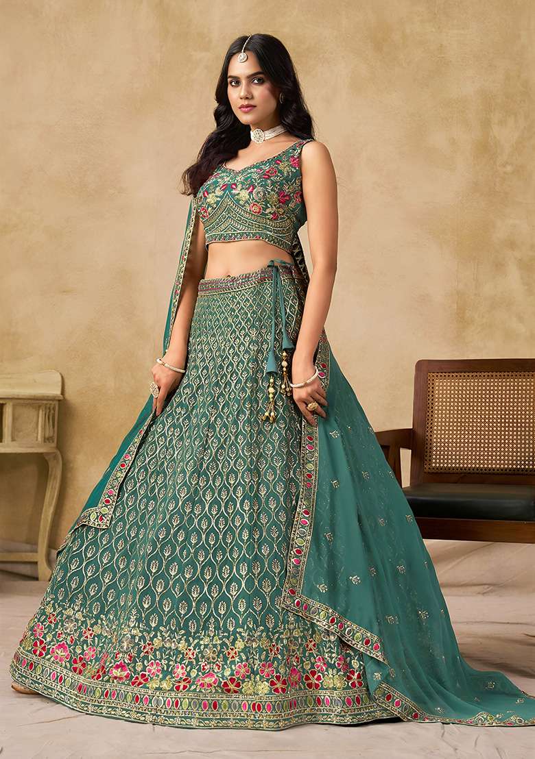 Turquoise Georgette Lehenga Set with Embroidery for Diwali | Wedding & Festive Wear - Indya